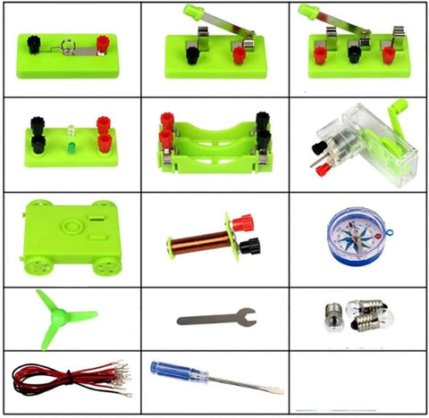 Hands On Wind Turbine And Electromagnet Lab Kit For Fun STEM Exploration Build Your Own Generators Circuits And Fans In A Complete Electrical Lab Box components displayed.