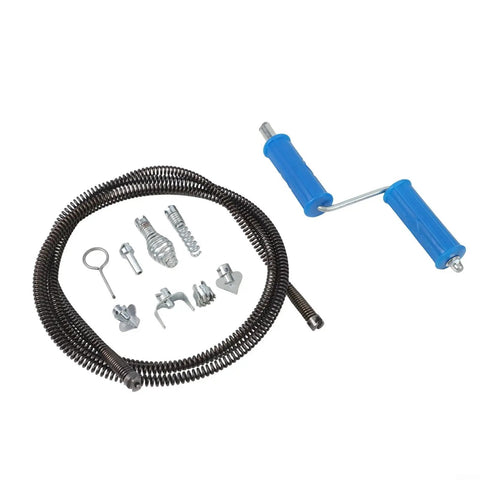 Heavy Duty Steel Drain Snake Flexible Auger Cord Three Meter Spiral Rig With Six Swappable Cutting Heads components and attachments on display.