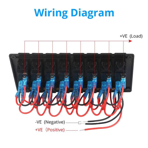 Wiring diagram for 8 Gang Toggle Rocker Switch Panel With Circuit Breaker And Red LED Indicator For 12V And 24V Vehicles Boats RVs