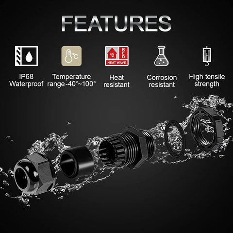 Five Pack NPT Half Inch Cable Glands Waterproof Adjustable 6-12mm Cable Connectors Black Nylon Joints With Gaskets Weatherproof Seals Easy Install Ideal For Outdoor And Indoor Electrical Enclosures