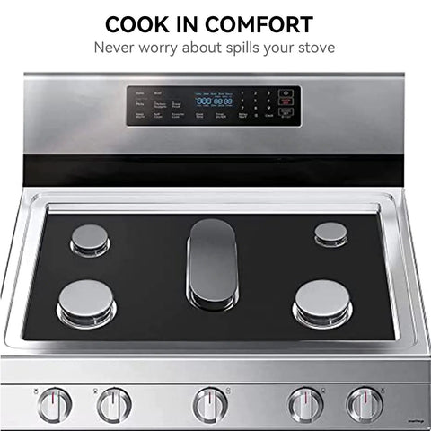 2 Pack Large Stove Burner Covers Cuttable 31x17.7 Inches placed on a modern gas range with protective Teflon surface.