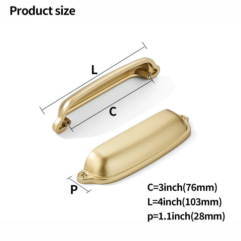Ten Pack Gold Cup Pulls Three Inch Center To Center Cabinet And Drawer Handles For Kitchen Hardware shown with size details.