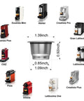 Diagram of OriginalLine Compatible Reusable Coffee Pods Set with Stainless Steel Capsule dimensions for various Nespresso machines.