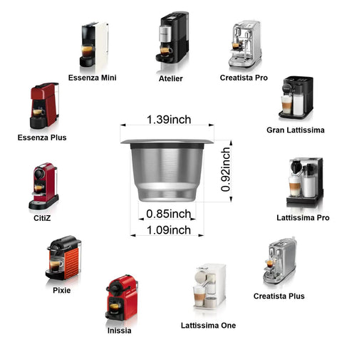 Diagram of OriginalLine Compatible Reusable Coffee Pods Set with Stainless Steel Capsule dimensions for various Nespresso machines.