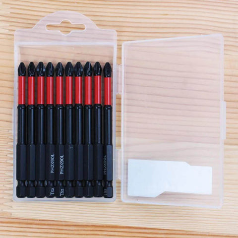 Front view of a clear plastic case with 10 PH2 Phillips screwdriver bits in red-and-black bodies, magnetic anti-slip design.