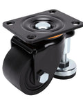 Three Inch Heavy Duty Leveling Casters Featuring Adjustable Steel Plate Feet, close-up view of caster wheel and mounting plate.