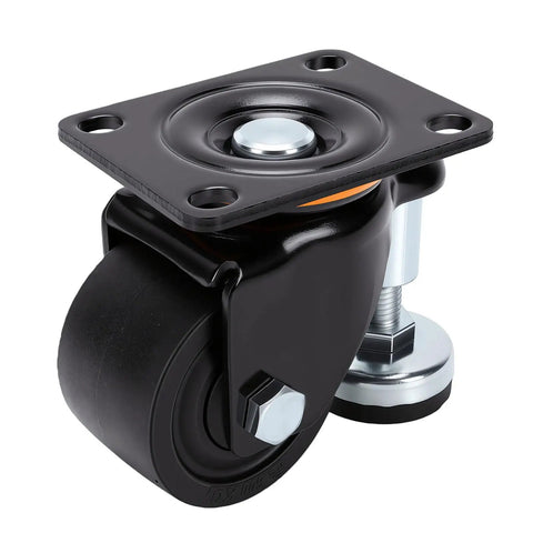 Three Inch Heavy Duty Leveling Casters Featuring Adjustable Steel Plate Feet, close-up view of caster wheel and mounting plate.