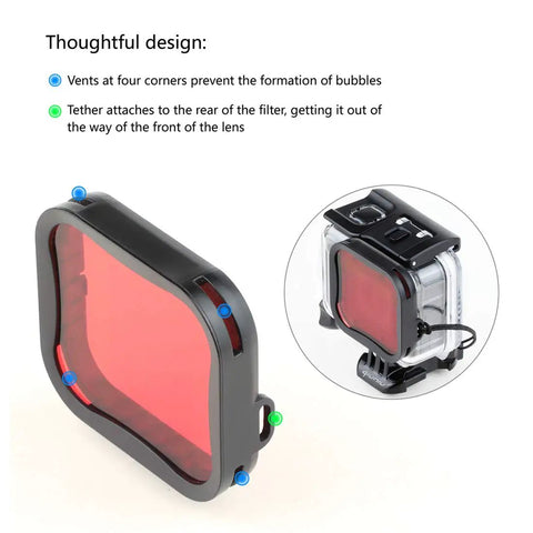 Waterproof Action Camera Housing For Hero 5 6 7 Black With Underwater Filters Red, Light Red, And Magenta Straight-In Design