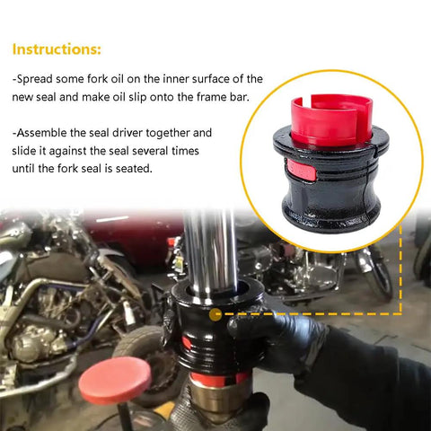 Fork Seal Driver Kit 14 Piece For Motorcycles in use with upside-down front forks, showing adapter installation on motorcycle.