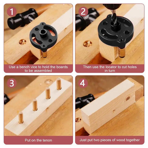 Steps to use Dead Straight Self Centering Doweling Jig Badass Accuracy Handheld Drill Guide for wood assembly.