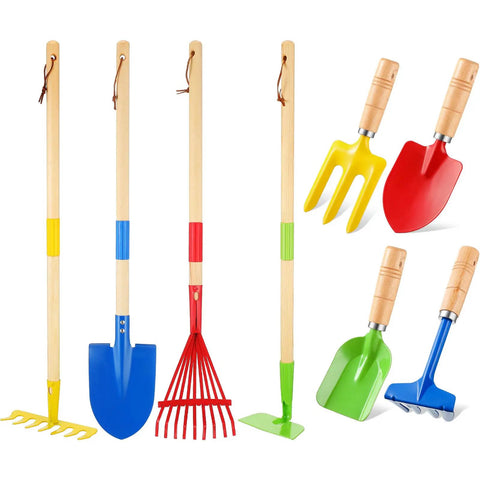 8 Piece Kids Garden Tool Set with Real Wood Handles and Steel Heads Shovel Rake Spade and Hoe for Lil Helpers Display