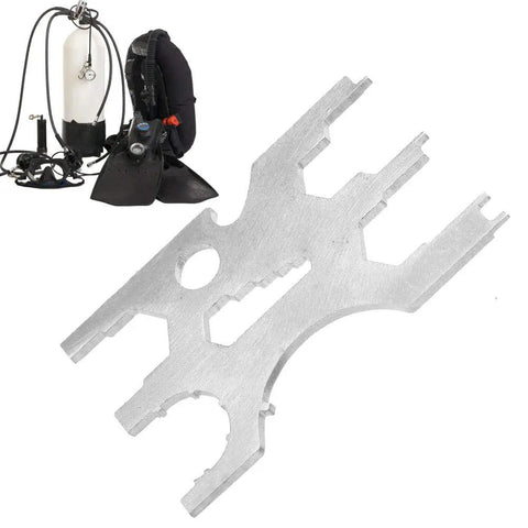 Stainless Steel Scuba Diving All In One Multi Tool Kit With Regulator Repair Gear shown with scuba equipment backdrop