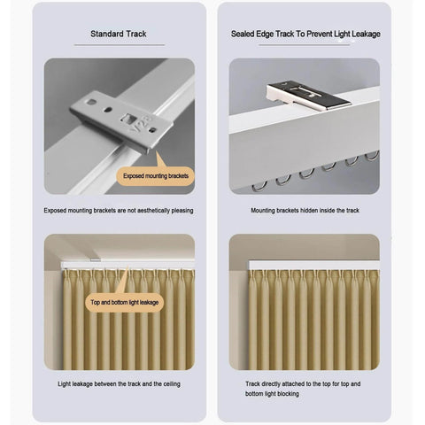 Comparison of standard track with exposed brackets and sealed edge track for Premium Aluminum Ceiling Mount Curtain Rail With Double Groove Blackout Track For Living Room Bedroom And Patio Sliding Glass Doors 17.7 Feet Long No Fuss Easy Install Wall Or Ceiling With Smooth Left Right Sliders