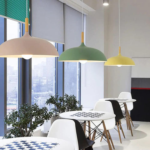Modern Nordic Style Hanging Lamp Fixture Featuring Solid Wood Accents And Durable Iron Base Super Sleek Green Metal Shade for dining setup.