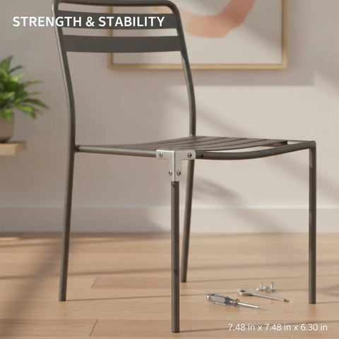 Stainless Steel 90-Degree Corner Brace reinforces chair leg joint, heavy-duty L-shaped bracket for indoor stability, silver finish