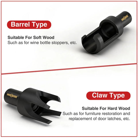 Solid 8 Piece Wood Plug Cutter Drill Bit Set Featuring Barrel And Claw Tips 1/4 3/8 1/2 And 5/8 Inch Sizes displayed with barrel and claw tips.