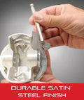 Hand using Radius Gage Set For Convex And Concave Radii With 110 Holder, Stainless Steel, 17 Gages on metal part.
