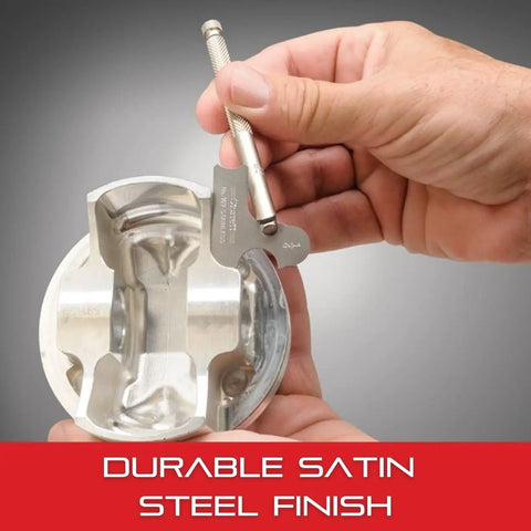 Hand using Radius Gage Set For Convex And Concave Radii With 110 Holder, Stainless Steel, 17 Gages on metal part.