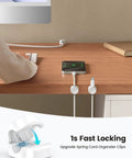 8 Pack Cord Organizer With 1s Spring Lock Cable Clips holding phone chargers on desk