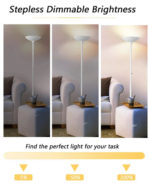 Antique Silver Torchiere Floor Lamp With 24W LED, 3000K Dimmable Brightness, Rotary Switch, 70 Inch Tall Metal Lamp in three light settings.