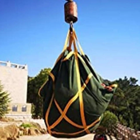 Heavy Duty Canvas Hoist Sling Net lifting cargo outdoors, reinforced mesh, 1.5 x 1.5m pad, multi-point suspension, rain resistant