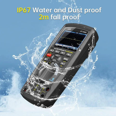 Handheld Digital Oscilloscope Multimeter 3 In 1 With Bluetooth Interface 50 000 Counts 10MHz Oscilloscope, water splashes on device