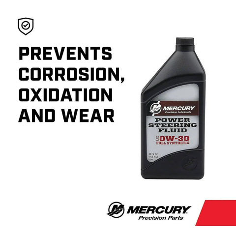 0W30 Synthetic Power Trim And Steering Fluid For Marine Electric Systems, Compatible With Verado JPO Electric Steering And Zeus Drives, Transmission And Actuator Use, 32 Oz Quart, OEM Spec. Black bottle with label on white background.