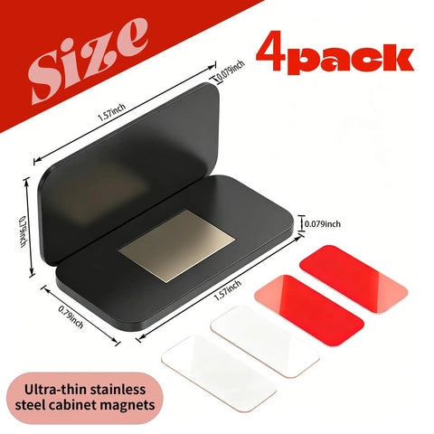 No Drill Adhesive Magnetic Cabinet Catch 4 Pack Stainless Steel Door Latch For Kitchen Bathroom RV Keeps Cabinets Closed Tool Free Install Strong Hold Damage Free Mounting with measurements
