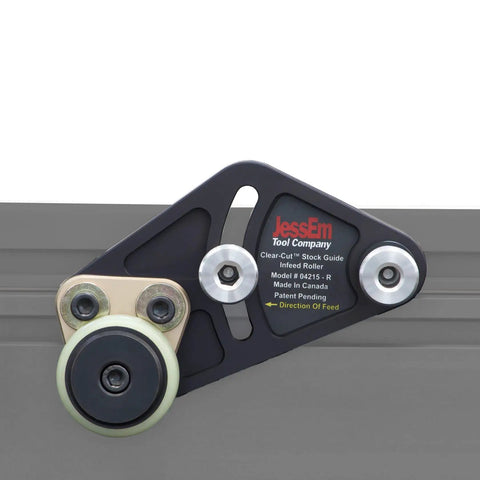 Tough As Nails Dual Roller Stock Guides For Router Table Fences Anti Kickback Design With Lockdown Pivot Knobs And Machined Aluminum Build For Crisp Woodworking Runs In Shop. Infeed roller with black aluminum mount.