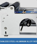 Rugged Semi Automatic Label Applicator For Round Bottles Engineered With Dead On Accuracy, showing stainless steel and aluminum alloy details.