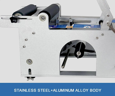 Rugged Semi Automatic Label Applicator For Round Bottles Engineered With Dead On Accuracy, showing stainless steel and aluminum alloy details.