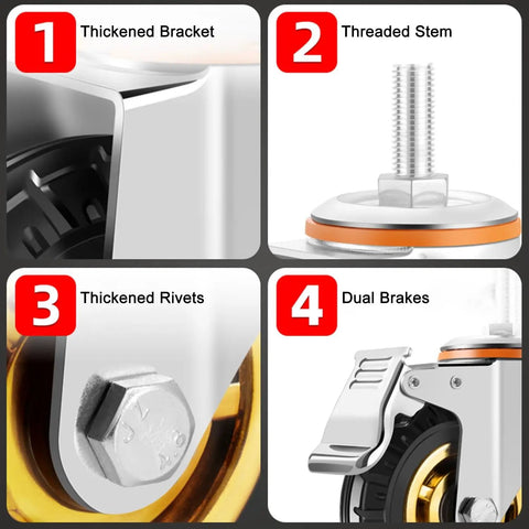 Close-up of Built Tough Heavy Duty Caster Wheels With Dual Lock Brakes showing thick bracket, threaded stem, rivets, and brakes.