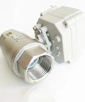 Built Tough DN32 Electric Shut Off Valve With Limit Switch SS304 Stainless Steel Gears DC24V Motorized Control Valve close-up showing NPT threaded connection.