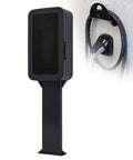 All Season Tough Outdoor Electric Charger Wall Box With Tight Combo Lock And Clear Shatterproof Window mounted on a black pedestal.