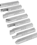 Eight Piece Lathe Tool Set With Three Eighths Inch Shank For Turning Boring Grooving And Threading arranged in a row