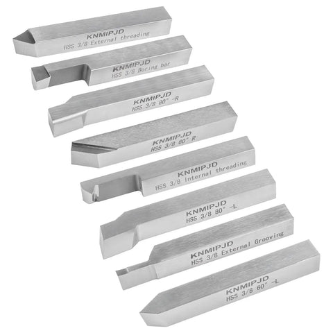 Eight Piece Lathe Tool Set With Three Eighths Inch Shank For Turning Boring Grooving And Threading arranged in a row