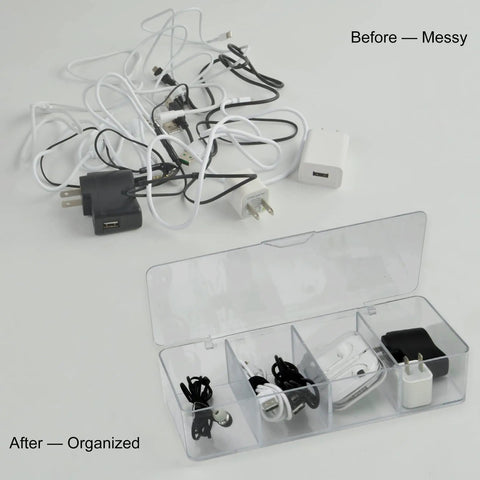 Clear Acrylic 8 Section Electronics Organizer Bin With Lid Cord Holder And 20 Reusable Cable Ties For Chargers Cables Headphones And Accessories For Desk Or Travel Use Keeps Cords Neat And Easy Access