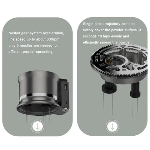 Smooth Operator 58Mm Handheld Coffee Stirrer With Adjustable Espresso Needle Distributor showing gear system and needles for efficient mixing.