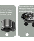 Solid Handheld Espresso Needle Distributor With 58mm Geared Motor Adjusting Depth To Effortlessly Wake Up Fine Ground Coffee close-up views of gear system and needle design.