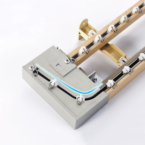 Premium Wall Mounted Sliding Barn Door Track System With 8.86ft Aluminum Alloy Rail And Faux Wood Finish close-up of roller mechanism.