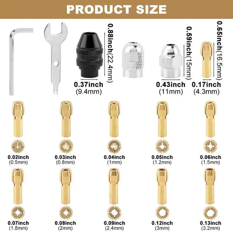 Pro-Grade Rotary Tool Chuck Collet Set 1/32 Inch to 1/8 Inch Shank, size details of 3-Jaw Alloy Chucks and Brass Collets, gold color.