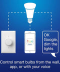 Aurora Smart Dimmer Switch For Philips Hue Bulbs Keeps Hue In Ready Mode With No App Required shown with bulb and smartphone control.