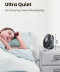 USB Desk Fan With 3 Speeds on nightstand, ultra quiet, 5.5 inch portable cooling, 90 degree tilt, compact black
