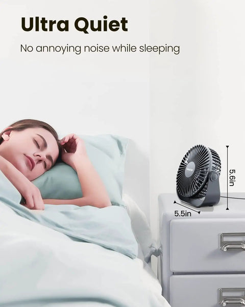 USB Desk Fan With 3 Speeds on nightstand, ultra quiet, 5.5 inch portable cooling, 90 degree tilt, compact black