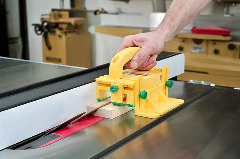 GRR RIPPER GR 100 3D Adjustable Table Saw Pushblock 2 Pack Delivers Pro Grade Precision And Kickback Control, bright yellow, in use