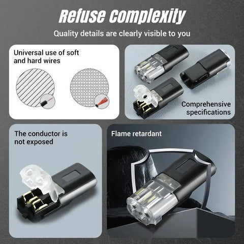 No Tools Quick Connect Wire Connectors 2 Pin Double Wire Plug In With Locking Buckle Flame Retardant Lock Strip Connector 18-22 AWG For LED Strip Lights DIY Low Voltage 100 Count shown with features and applications