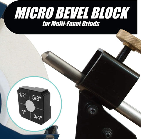 Pro Grind sharpening system for 8-inch grinders; black metal jig with multi-size block labeled 1/2, 5/8, 3/4, 1 in.