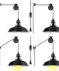Industrial Vintage Plug In Pendant Lights Pack Of 4 with 14.76ft Cord, On Off Switch, E26 E27 Socket, Metal Adjustable Pulley, Black Finish