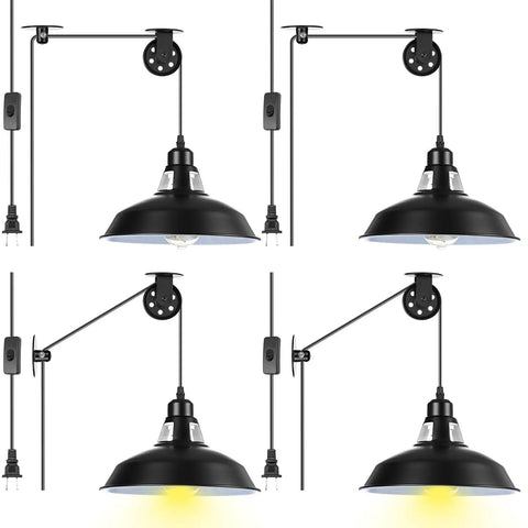 Industrial Vintage Plug In Pendant Lights Pack Of 4 with 14.76ft Cord, On Off Switch, E26 E27 Socket, Metal Adjustable Pulley, Black Finish