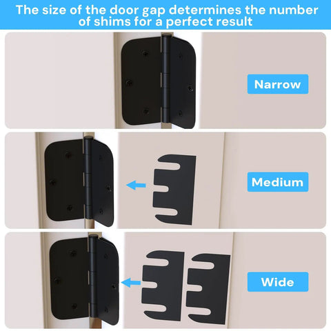 Interior Door Hinge Shims 3.5 Inch Pack of 10 Realign Door Gaps and Seal Air Leaks With Quick Spacing Adjustment No Fuss Easy Fix Trimable PVC Spacers For Simple Door Alignment And Problem Solving, shown in narrow, medium, and wide configurations for gap adjustments.